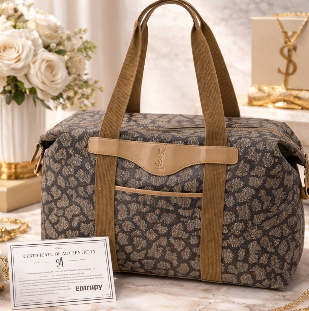 Vintage Authentic Yves Saint Laurent Black and Brown Patterned Duffel Bag